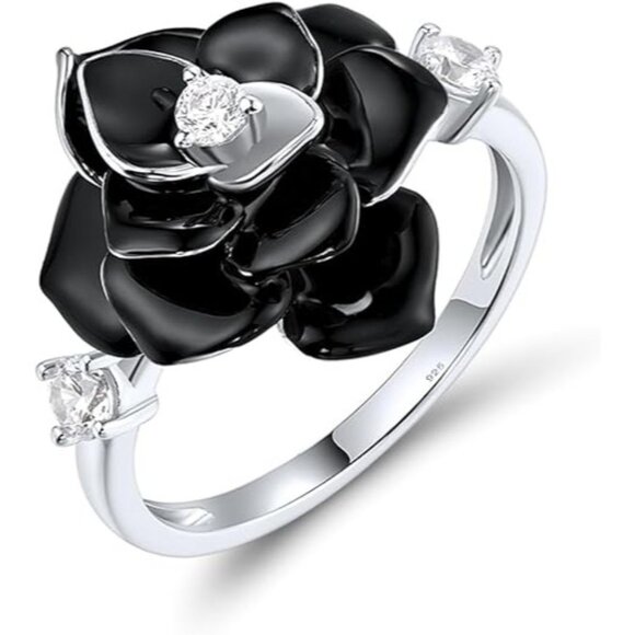 Rose-Black 925 Sterling Silver Enamel Flower Statement Ring